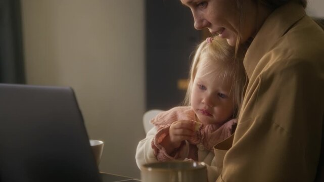 Close up shot of cute little girl sitting in mothers lap and eating cookie while watching video on laptop screen with soft cozy aesthetic, copy space