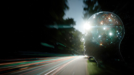 Glowing human head silhouette with starry neural lights and motion blur along road conveying futuristic speed and imaginative wonder