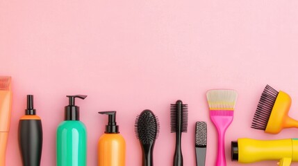Assorted hair care products on pink background.