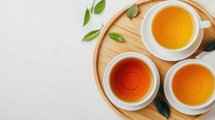 Assorted tea cups on a wooden tray.