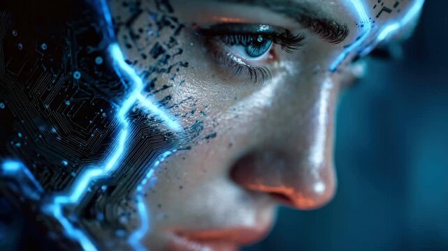 Close-up view of a futuristic human-like figure with digital circuits glowing, showcasing advanced technology and art in a visually striking manner