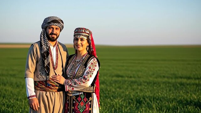 Turkish Kurdish Couple Smiling In Regional Dress Field Copyspace.