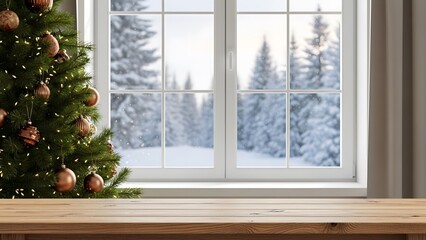 Obraz premium Christmas tree by a snowy window on a winter s day