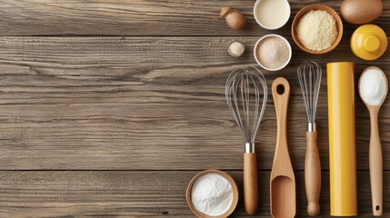 Baking tools and ingredients on wooden surface.