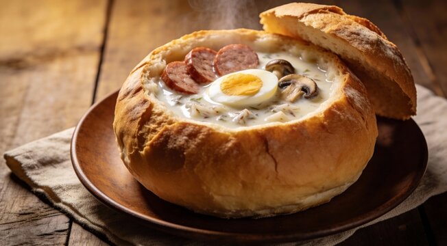 traditional white borscht zurek with sausage,egg and mushrooms in bread as bowl