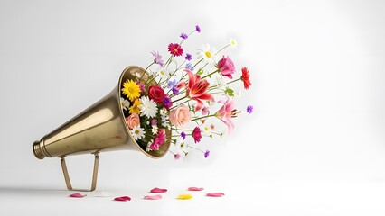 Vintage megaphone bursting with vibrant colorful flowers and petals on a white background
