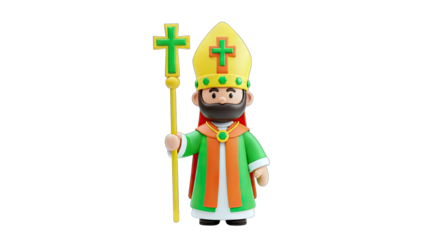 3D Cartoon Bishop Holding Staff on White Background