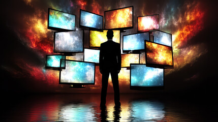 Man silhouette monitor display galaxy screens digital reflection cosmic background dramatic lighting inspiring
