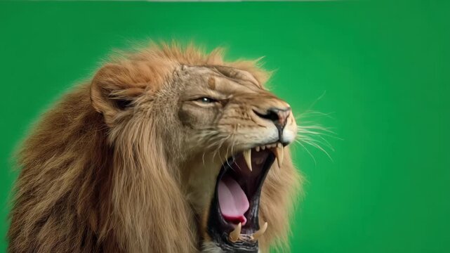 Majestic lion roaring against a vibrant green background during a wildlife exhibit showcasing African animals at a zoo