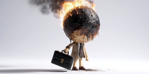 Hyper-realistic Surreal Full Figure of a Burnt Matchstick Businessman, Symbolizing Workplace Burnout, Emotional Exhaustion, Chronic Work-Related Stress, on White Background, Copy Space. Generative Ai.