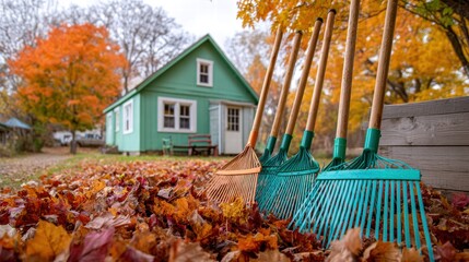 Autumn scene with rakes and a charming green house
