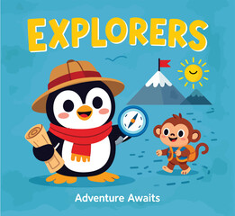 Cute Cartoon Penguin Explorer with Binoculars and Monkey on Mountain Adventure
