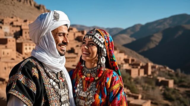 Berber Couple Smiling Vibrant Tunisian Attire Mountain Village Copy Space