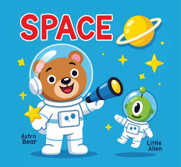 Cute Cartoon Bear Astronaut with Telescope and Green Alien Friend in Space