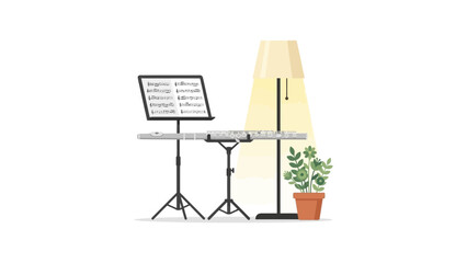 Fototapeta premium Inspiring flute practice setup with sheet music stand, perfect for music education, lessons, or a musician's tranquil creative space