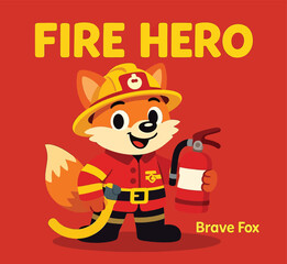 Cute Cartoon Fox Firefighter Brave Hero with Hose and Helmet