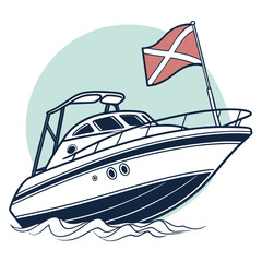 Modern speed boat with Danish flag on turquoise circle background motorboat yacht