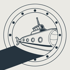 Submarine viewed through a ship's porthole underwater submersible