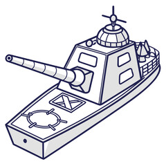 Cartoon illustration of a modern warship with a large cannon boat navy