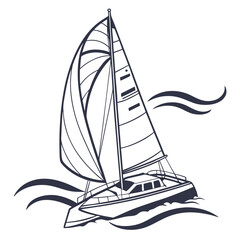 Sailboat Catamaran Sailing on Wavy Water Illustration yacht