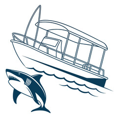 Boat and Jumping Shark Line Art Illustration tour boat fishing boat