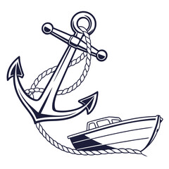 Dark blue anchor and boat illustration with rope on white background rowboat dinghy