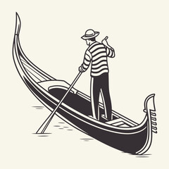 Gondolier in striped shirt rowing gondola on light background Venice Italy