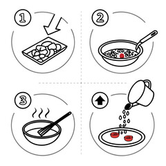Four Step Cooking Instructions Icons Line Art Keywords: cooking, recipe, instructions, steps