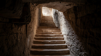 Obraz premium Light at the end of the tunnel: ancient stone stairs leading towards an unknown destination