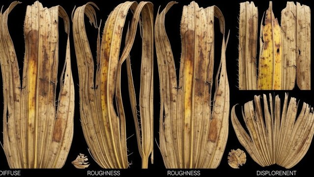 Textured dry tropical palm leaves showing diffuse roughness and displacement map for material