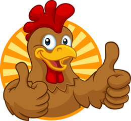 A chicken cartoon rooster cockerel character mascot giving a thumbs up.