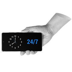 Hand holding smartphone displaying 24/7 and clock. Represents constant availability, round-the-clock service, or always-on work culture. Part of series.