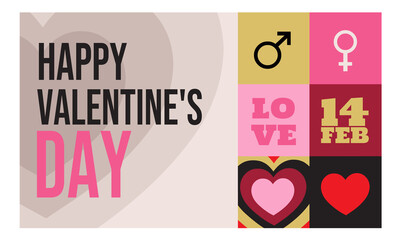 Valentine’s Day Modern Greeting: Clean composition featuring bold headline text, layered heart graphics, love icons, gender symbols, and 14 February accents in warm pink, red, beige, and gold colors.