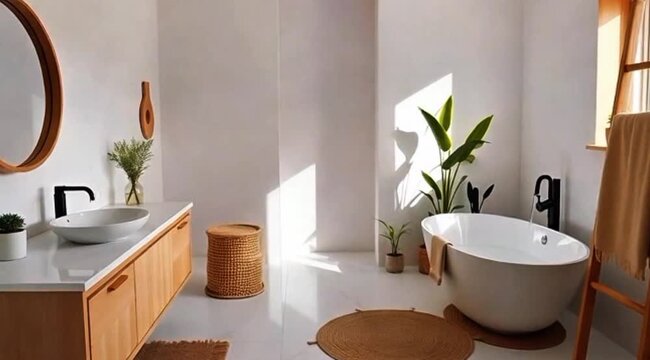 Modern Bohemian Bathroom Interior with Freestanding Tub and Wooden Accents
