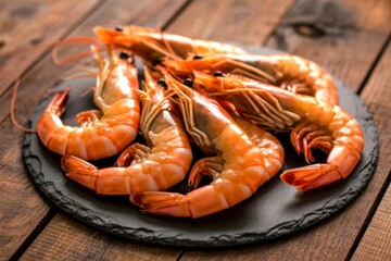 Freshly caught shrimp arranged on a rustic wooden surface