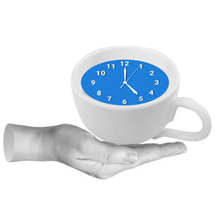 Hand holding coffee cup with clock face. Symbolizes break time, coffee break, or managing daily routine. Part of series