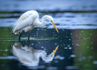 Great egret reflected in water while hunting