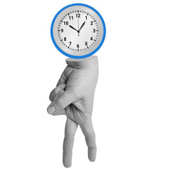 Clock above walking hand. Represents controlling time, deadlines, or being in charge of schedule. Part of series