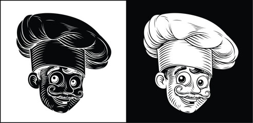 Vintage woodcut style illustration of a smiling chef, baker or cook. Great for menus, culinary branding, kitchen decor, or restaurant bakery marketing with a classic traditional and positive vibe.