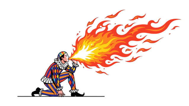 Jester Breathing Fire, Circus Performer in Harlequin Costume, Performance Art