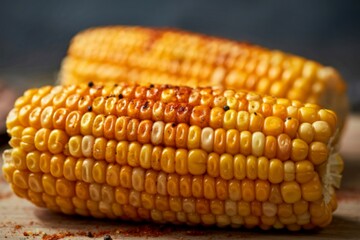 Two grilled corn on the cob with visible kernels