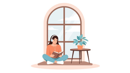 Woman Reading a Book with Headphones by the Window, Cozy Illustration