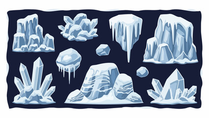 Collection of Ice Formations and Crystal Clusters on Dark Background © Ega