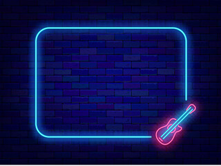 Guitar sound neon advertising. Country music. Concert and music school. Nightclub invitation. Empty blue frame. Copy space. Editing text. Vector stock illustration
