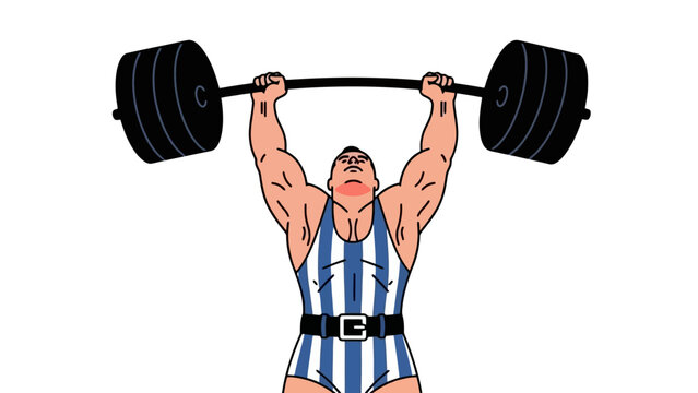 Vintage Strongman Character Lifting Heavy Barbell Above Head in Retro Style
