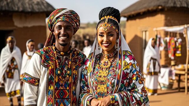 Oromo Couple smiling festive Ethiopian attire village event copy space.