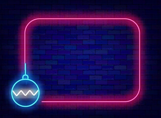 Merry Christmas and New Year. Winter neon flyer. Season greetings. Empty frame and decoration fir tree ball. December shopping and party. Copy space. Editing text. Vector stock illustration