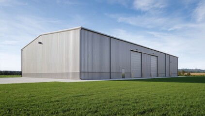 Obraz premium Large modern industrial warehouse building with clean exterior located beside green grass under clear sky