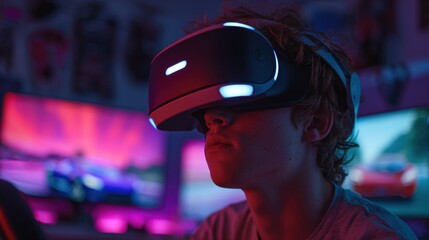 Teen is using a virtual reality headset in a dark room with neon lighting.