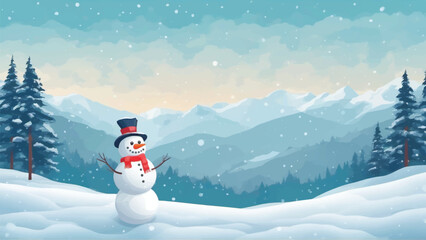 Obraz premium 3D cute snowman illustration on snowy landscape background,Seamless pattern Winter Background, snowman standing infront of giant mointains, winter environmet with tress 
